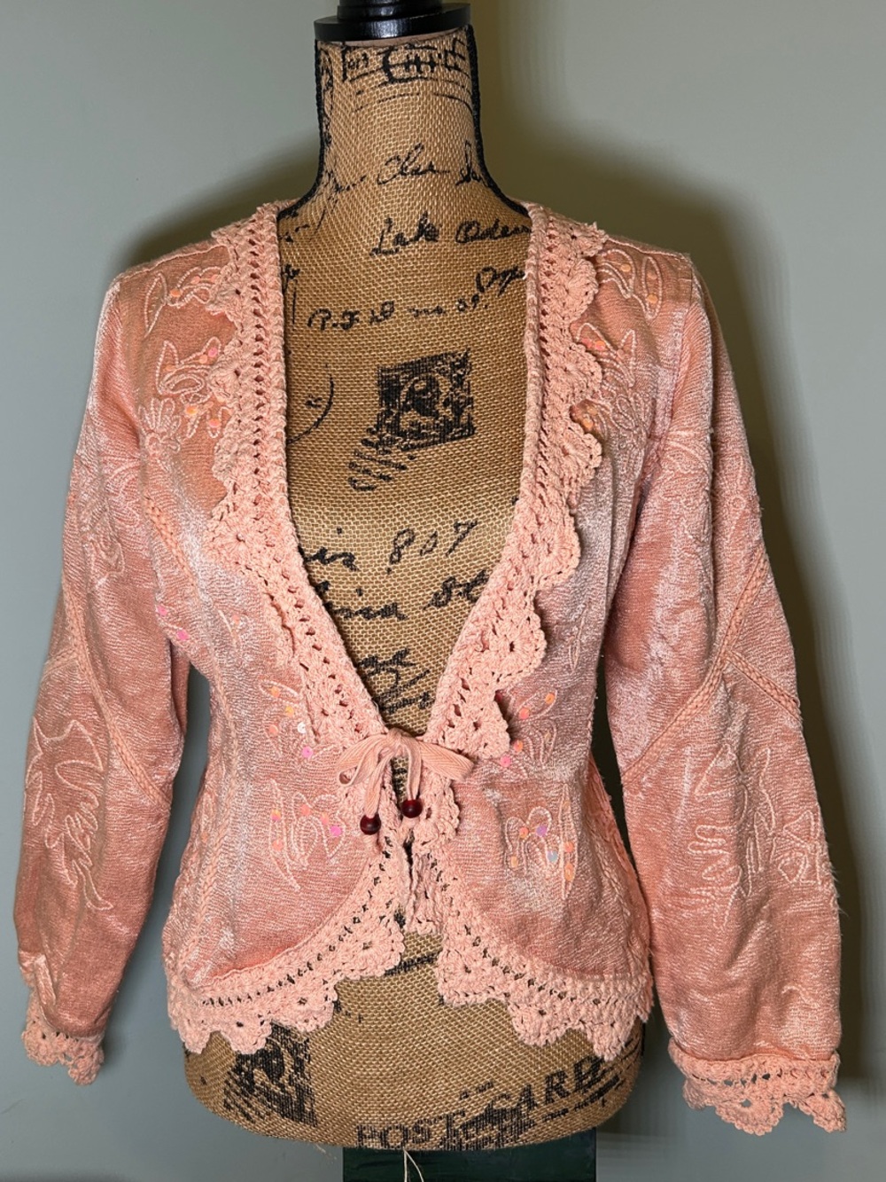 Urban Tribe Crochet Trim Embroidered Sequin Peach Tie Front Jacket M Y2K Unique